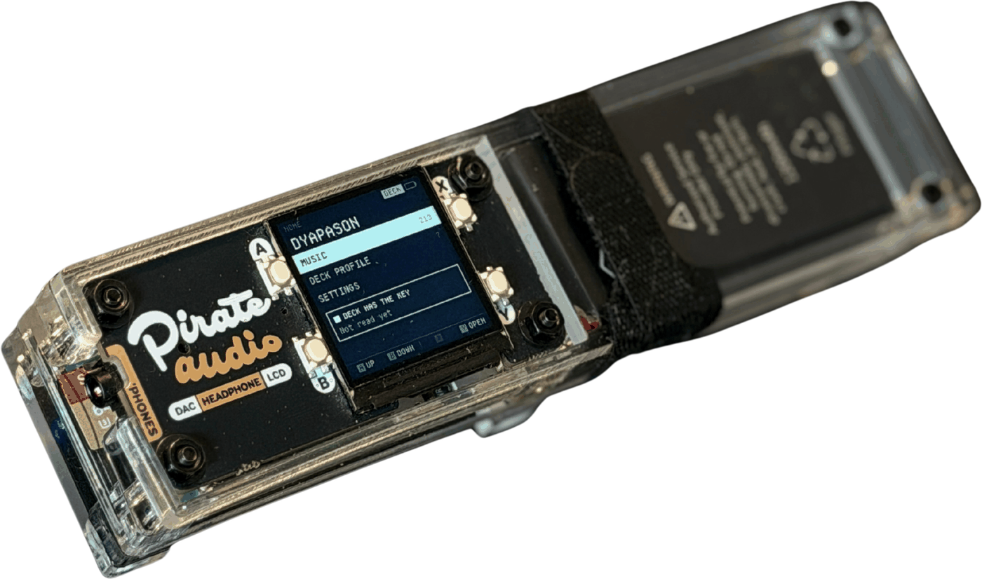 The Dyapason prototype: a small board in a clear case with a 240 by 240 screen showing the Dyapason menu, and four buttons marked A, B, X and Y.