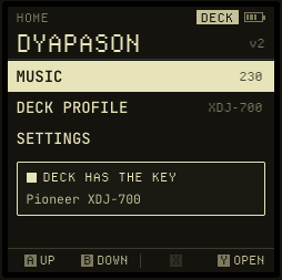 The home screen of the device: MUSIC, DECK PROFILE, SETTINGS.