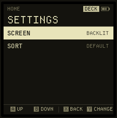 The settings screen: screen appearance and sort order.