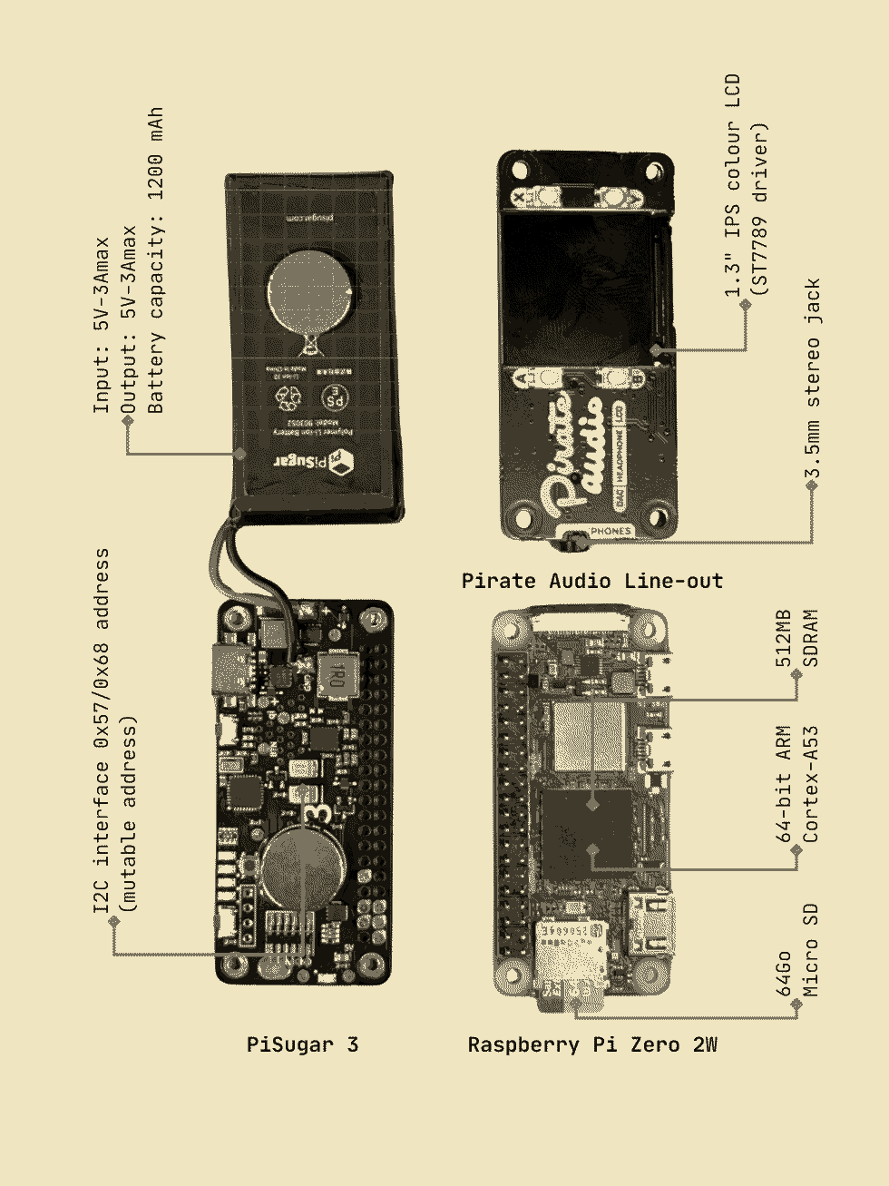Annotated parts diagram: a PiSugar 3 battery board rated 1200 mAh, a Pirate Audio line-out board with a 1.3 inch colour LCD and 3.5 mm stereo jack, and a Raspberry Pi Zero 2W.