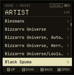 Browsing by artist on the key: a scrolling list of 144 artists with their track counts, one row inverted to show the selection.