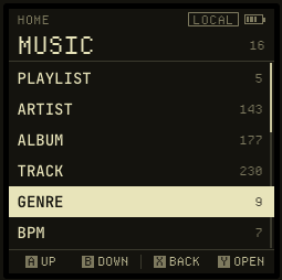 The browse root on the key: MUSIC, sixteen categories — playlist 5, artist 143, album 177, track 230, genre 9, BPM 7.